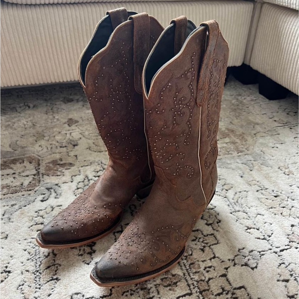 Brown Studded Leather Cowboy Boots